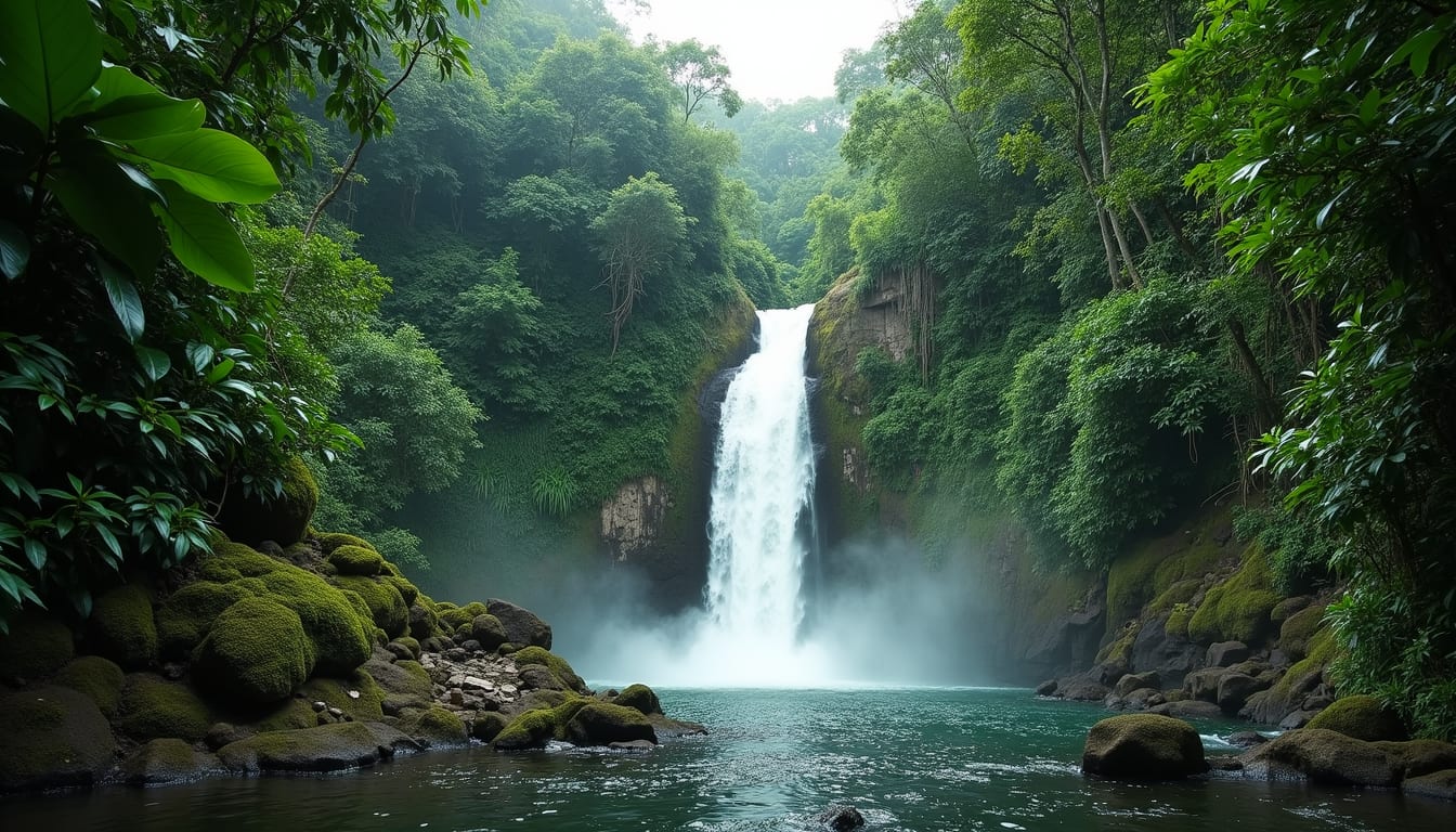 A wide waterfall falling into a green pool ringed by mossy rocks and rainforest