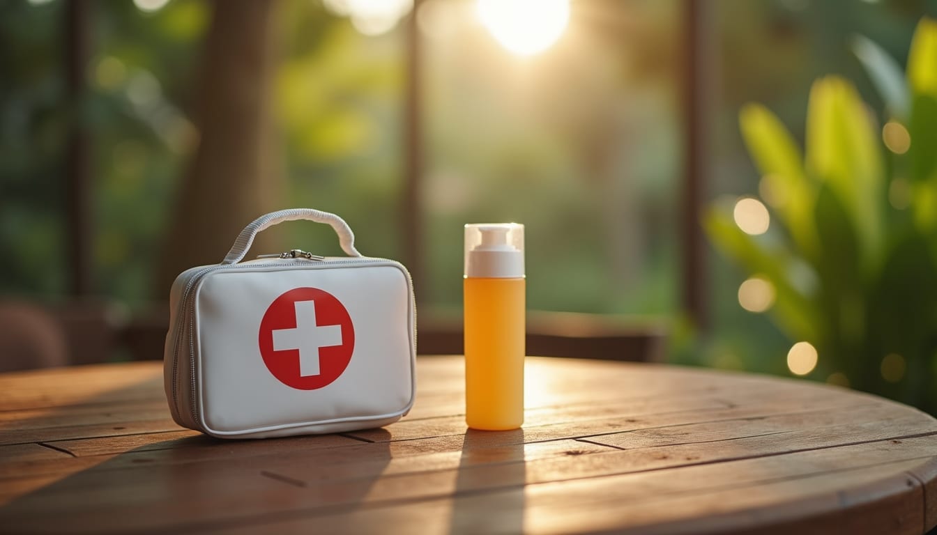 A first aid kit and a bottle of sunscreen on a wooden table