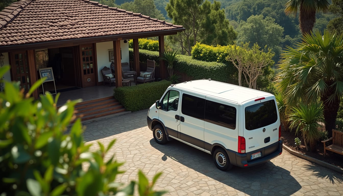 A shuttle van parked outside a small hotel in Costa Rica
