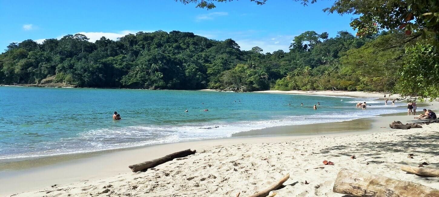 The beach inside Manuel Antonio National Park, forest running down to the sand