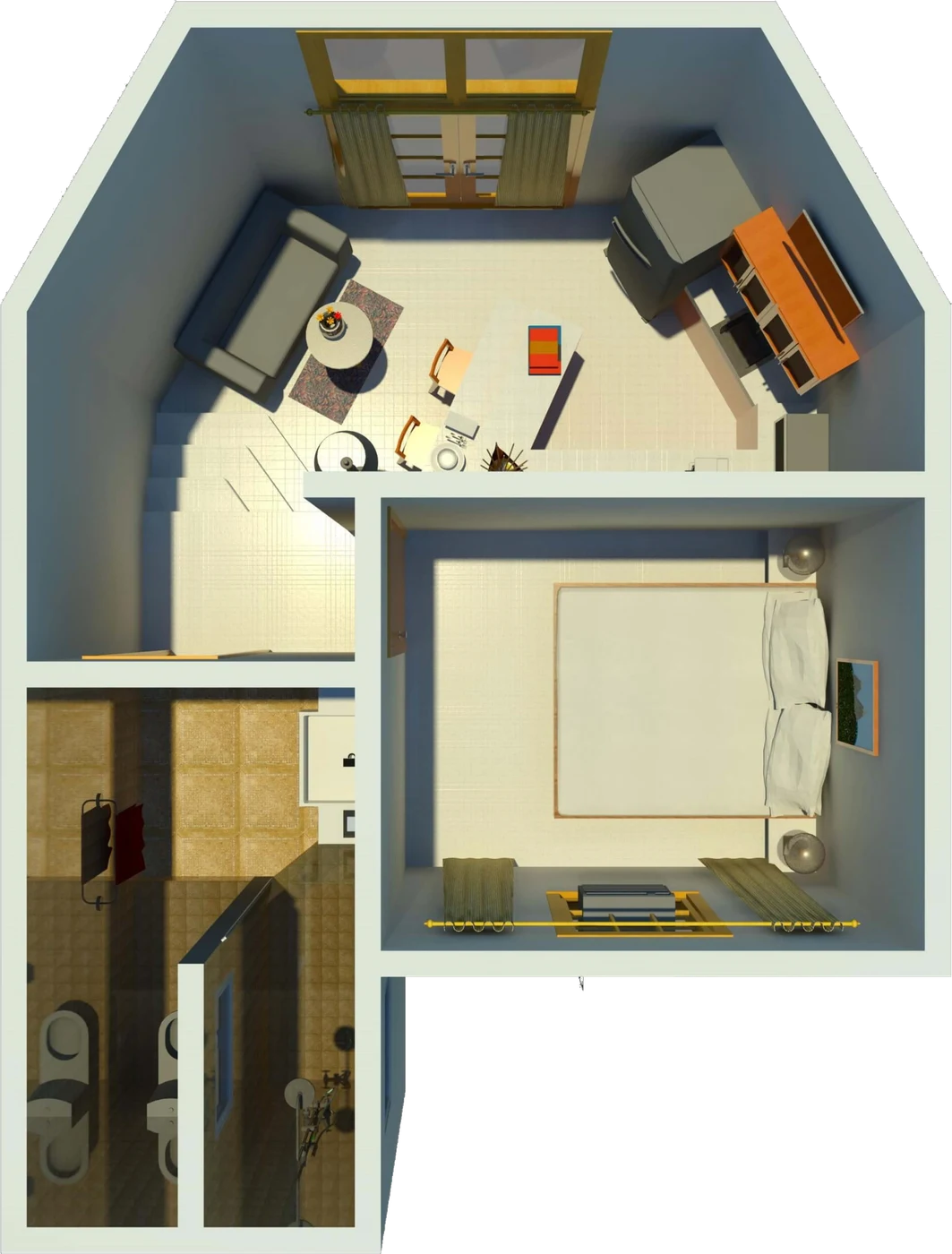 3D floor plan render of the split-level Bougainvillea Suite