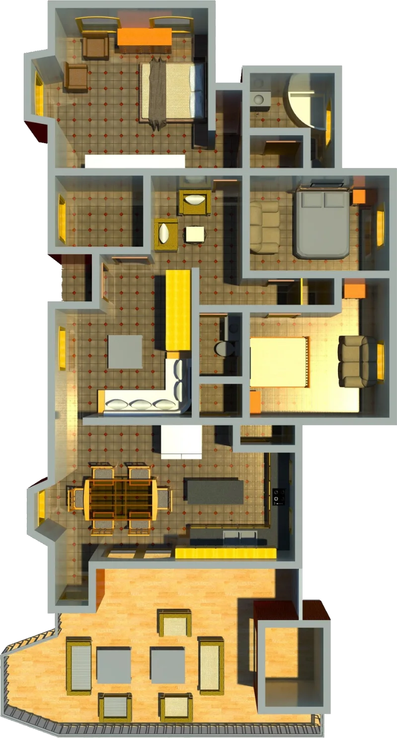 3D floor plan render of the Casa Cascadas three bedroom house