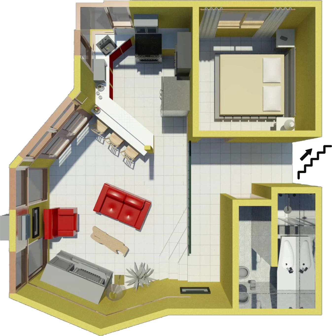 Render 3D del plano del condo Deluxe de un dormitorio