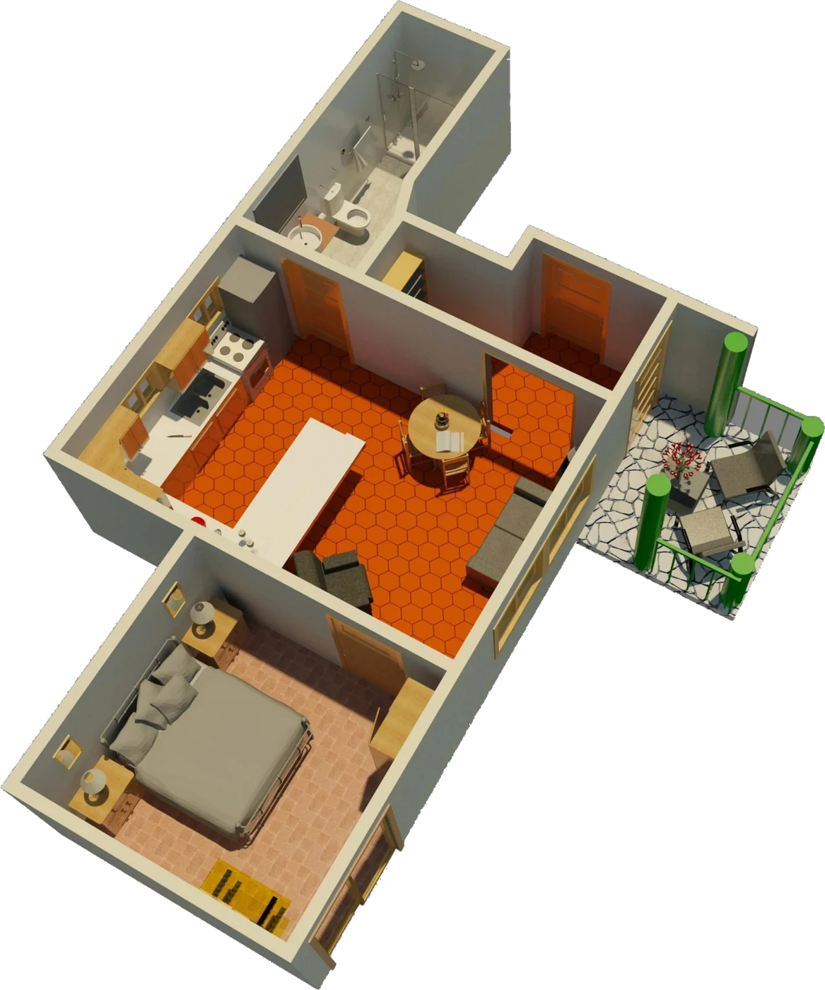 Render 3D del plano del Garden View Condo
