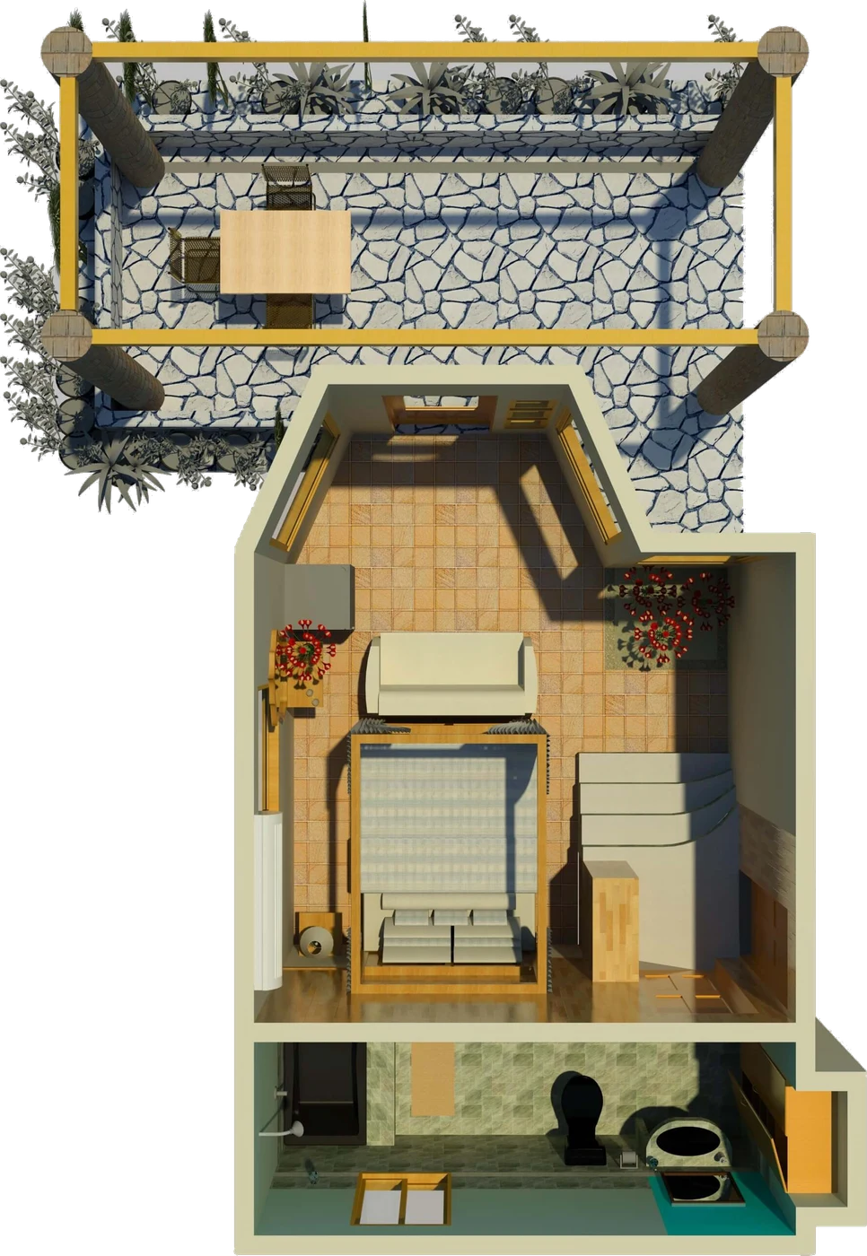 Render 3D del plano de la Garden View Room con su jardín de pérgola y su patio