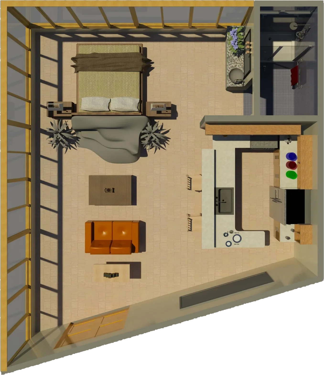 Render 3D del plano del penthouse Toucan Suite