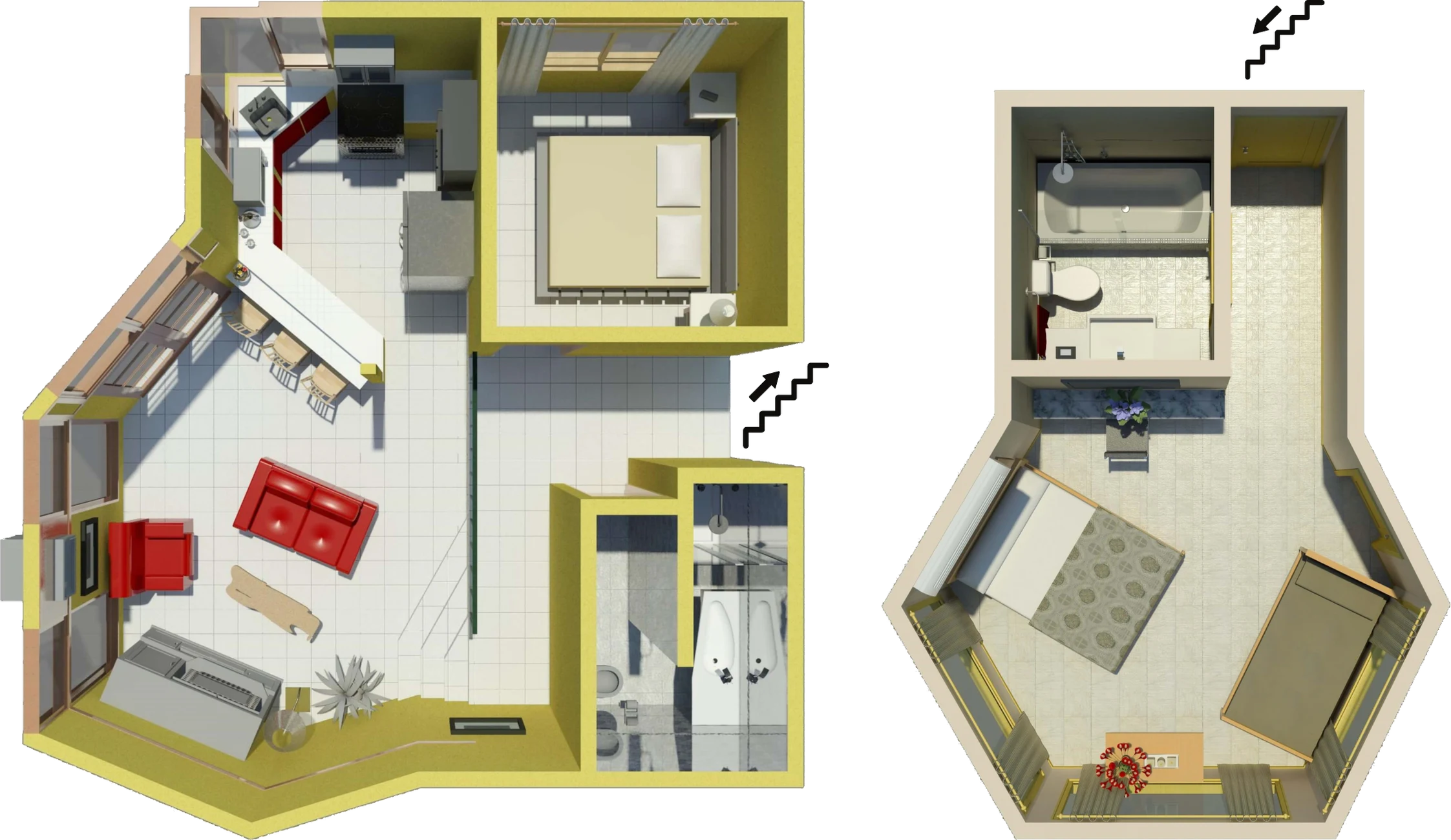 Renders 3D del plano de la villa Two Bedroom Deluxe, el nivel de abajo y el de arriba lado a lado